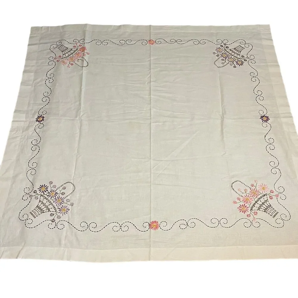 Vtg Hand Embroidered Tablecloth Flower Basket Floral Cottage Farm 49x49.5”